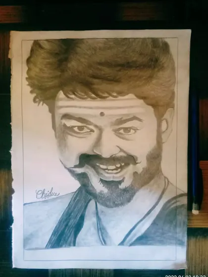 A detailed pencil sketch of Tamil superstar Thalapathy Vijay. This portrait captures his intense look from the movie "Mersal".