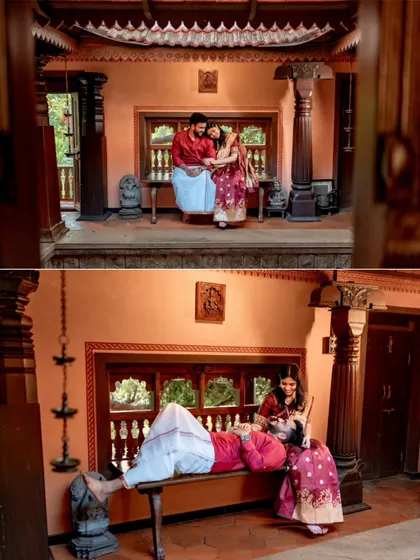 Two intimate scenes from a vintage-themed pre-wedding shoot inside a heritage home, showcasing romantic and tender poses.