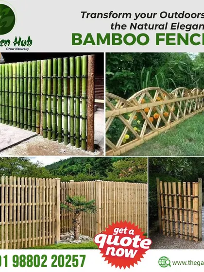 Transform your outdoors with the natural elegance of bamboo fencing. This collage shows different styles, from solid privacy fences to more decorative, open-weave designs.