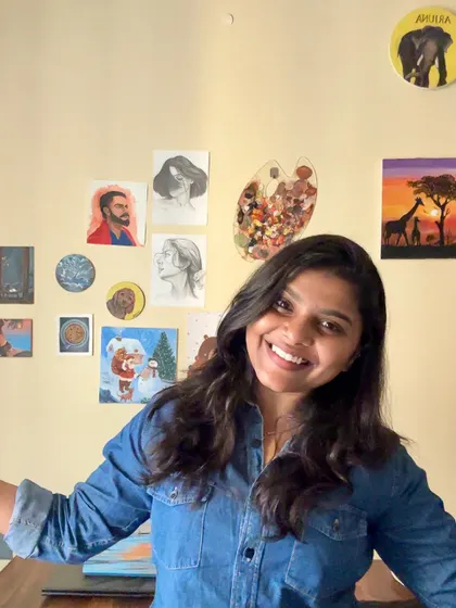 This is me in my happy place, my art corner, surrounded by some of my favorite pieces.