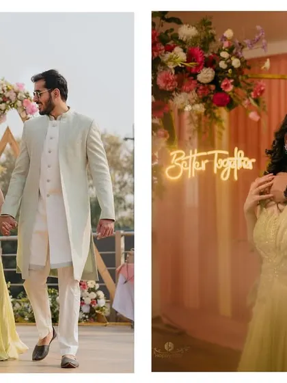A diptych of the couple from their roka ceremony. One shot captures them walking hand-in-hand, while the other is a warm embrace, showcasing their love and happiness.