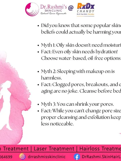 This graphic debunks common skincare myths. Fact: even oily skin needs moisturizer. Fact: you can't shrink pores, but you can make them less noticeable. Education is key to effective skincare.