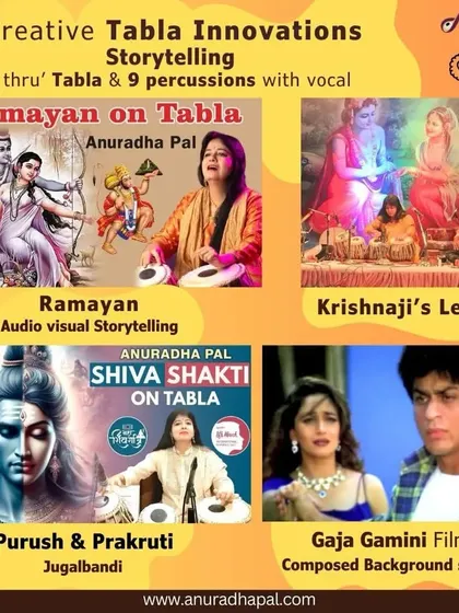 This collage showcases some of my most cherished creative innovations. It includes 'Ramayan on Tabla', 'Krishna's Leelas', the 'Shiv Shakti' jugalbandi, and my work composing the background score for M.F. Husain's film 'Gaja Gamini'.
