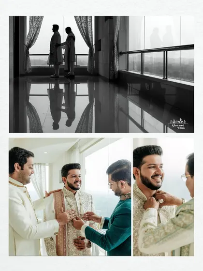 A collage of the groom, Vidhan, getting ready with the help of his family, including a beautiful silhouette shot against a window.