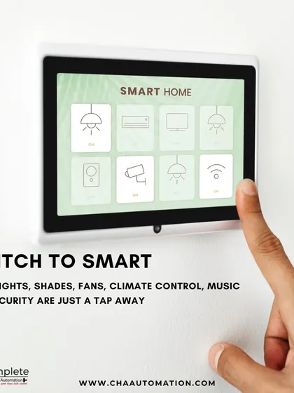 Switch to a smarter way of living. This wall-mounted smart home hub shows how control over your lights, shades, fans, climate, music, and security is consolidated into one easy-to-use interface.