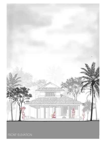 The front elevation drawing presents the main facade of the Doddaballapura mud house. The design is humble and approachable, with a welcoming veranda that is characteristic of traditional rural homes in Karnataka.