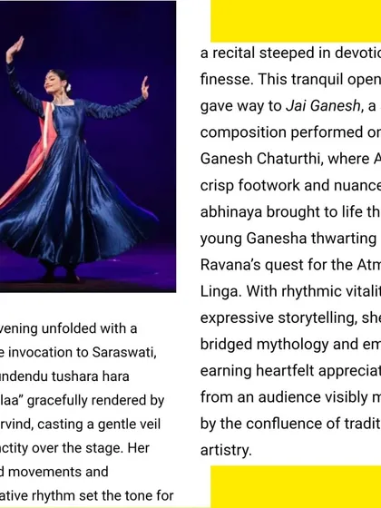 A published review of Alar's solo Kathak recital 'Akhyana' in Narthaki.com. The review highlights her serene invocation and meditative rhythm.