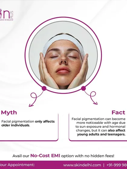 A myth-busting graphic clarifying that facial pigmentation can affect young adults and teenagers, not just older individuals, due to sun exposure and hormonal changes.