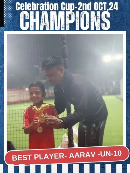 Aarav is recognized as the Best Player in the Under-10 category at the Celebration Cup. His performance demonstrates the technical skill and game awareness we teach in our youth programs.