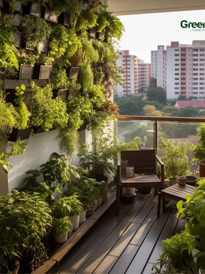 Turn your balcony into a lush green paradise. This image shows a balcony filled with a variety of plants, including a large vertical garden, creating a beautiful urban jungle with a city view.