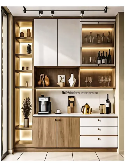 A beautiful crockery unit with a mix of wood and white finishes. The design includes backlit open shelving on the side and a glass-fronted cabinet, perfect for displaying your favorite items.