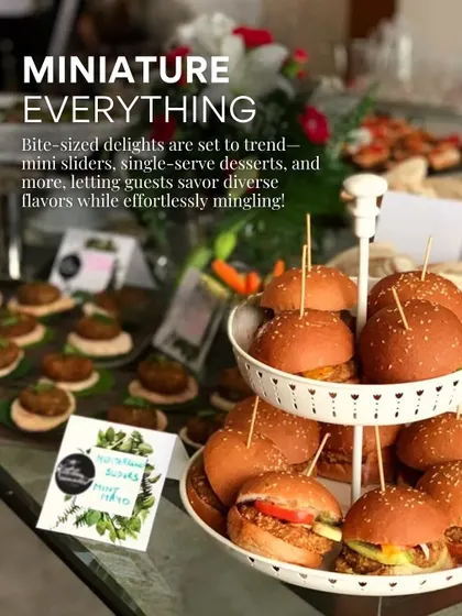 Miniature everything is the trend. Our bite-sized delights, like these mini sliders, allow guests to savor diverse flavors while effortlessly mingling at any event.