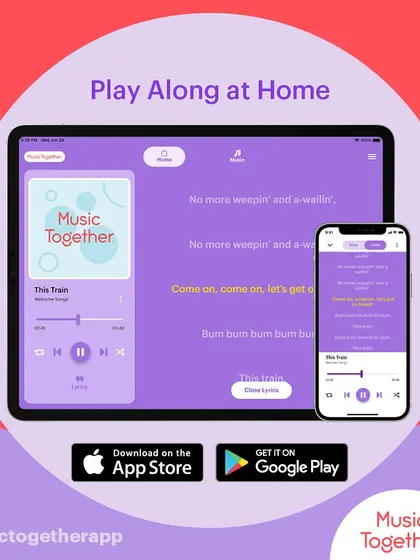 The app includes a sing-along feature with lyrics, so the whole family can learn the words and sing together. It's a great way to reinforce what we do in class.