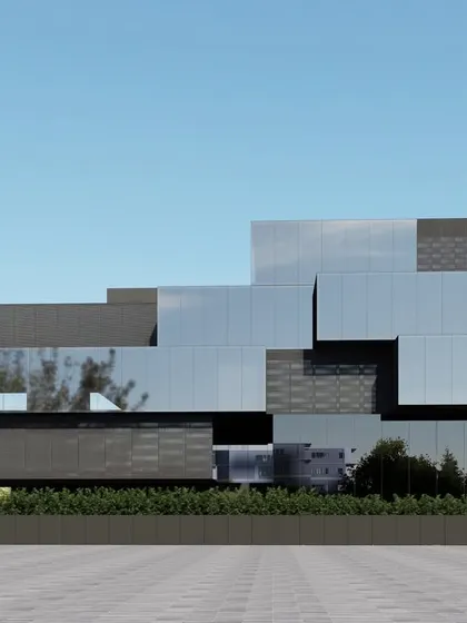 The facade of the corporate headquarters is designed to be both progressive and timeless. The interplay of reflective glass and solid dark panels creates a sophisticated and visually engaging composition that expresses the company's forward thinking identity.