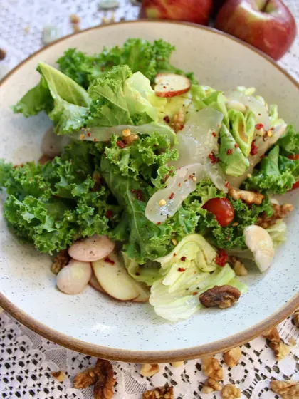 Our weekend special Double Beans, Kale & Ice Apple Salad. It features fresh ice apple, crisp apple, crunchy walnuts, and protein-rich double beans for a satisfying and nutritious meal.