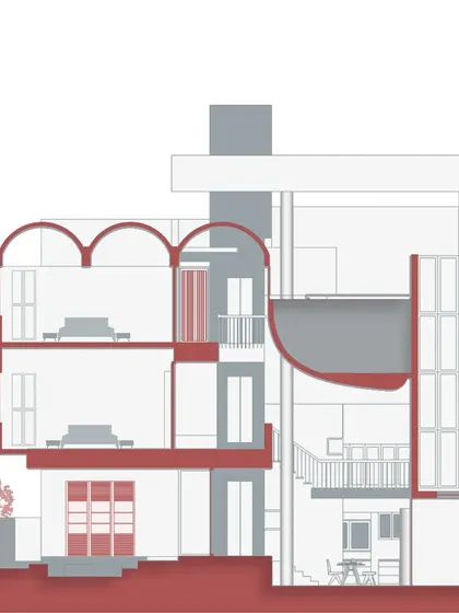 A slightly different version of the architectural section for the 'Belagavi Home', highlighting the relationship between the building and its immediate landscape. This illustrates our holistic approach to design.