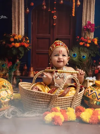 A happy baby Krishna in a basket, holding his flute. The rich colors and textures of the set make this a visually stunning portrait.