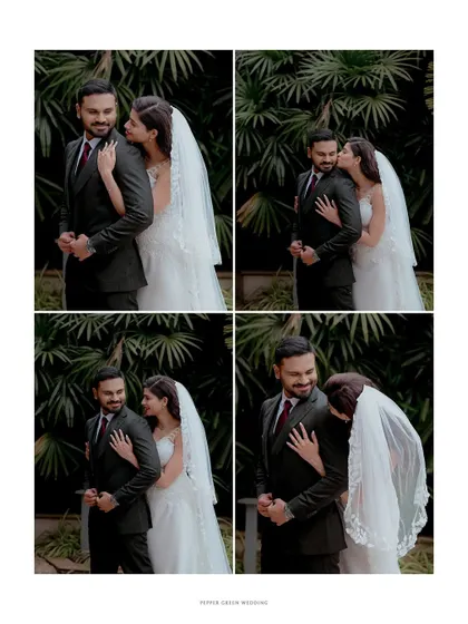 A collage of sweet, playful moments between the bride and groom, showcasing their loving and fun relationship on their wedding day.