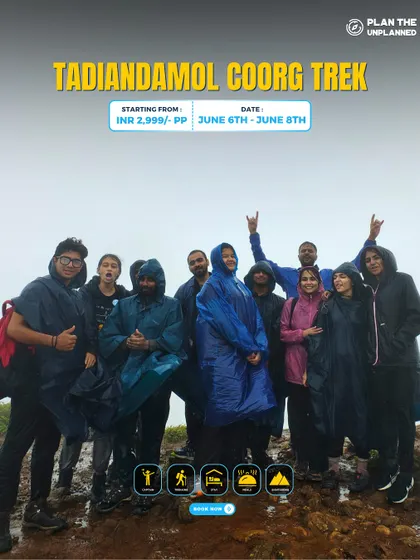 A group, including a friendly dog, poses on the Tadiandamol Coorg trek.