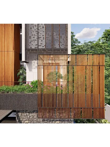 A detailed view of our upcoming tropical residence, focusing on the layering of materials like wood, stone, and patterned screens to create a rich, tactile facade.