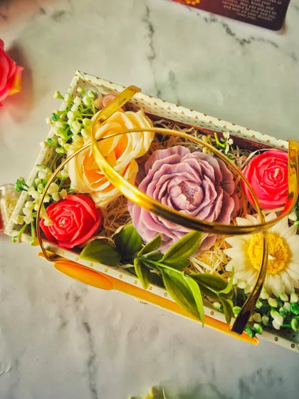 A beautifully styled shot of the Flower Bouquet hamper, ready for gifting. You can even add a personal photo to the message card to make it extra special.