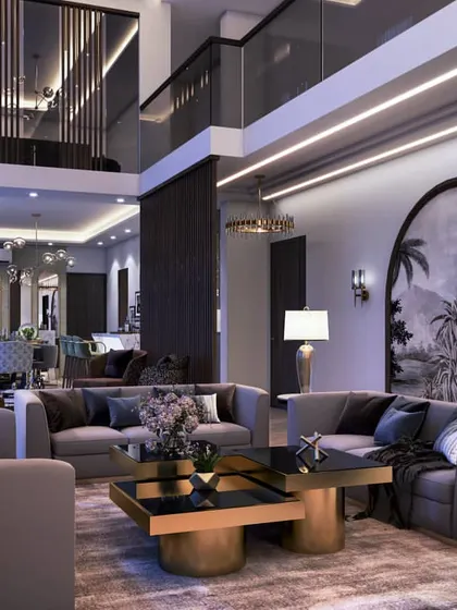 Day and night views of a double-height living and dining area. These renders show how the space transforms, with the night view highlighting the artificial lighting scheme and creating a more intimate mood.