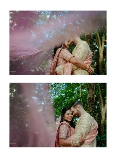 A diptych showing two perspectives of a romantic embrace with a pink smoke effect. It captures both the intimate connection and the dreamy, artistic atmosphere of the moment.