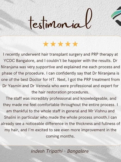 Patient trust is my highest priority. This testimonial highlights a patient's journey through both hair transplant surgery and PRP therapy, reflecting the supportive, professional, and knowledgeable approach my entire team provides.