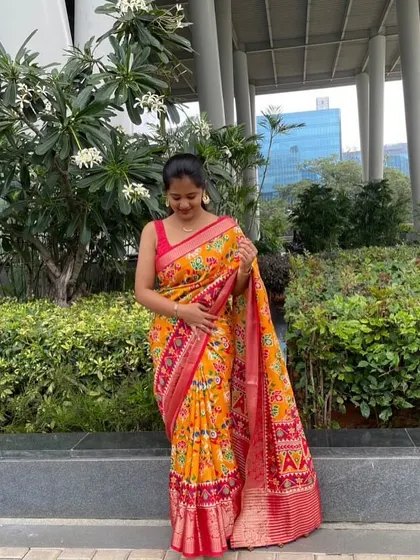 The vibrant patterns of the Ikkath saree are perfect for both festive occasions and stylish workwear.