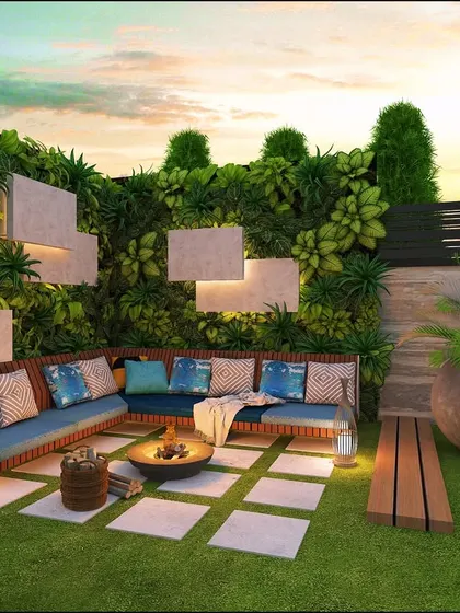 A concept for a cozy backyard corner, with a sunken L-shaped bench, a fire pit, and a lush vertical garden wall.
