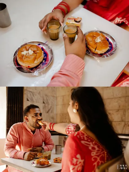 Sharing bun maska and chai at a classic Irani cafe. This shoot concept is perfect for Mumbai couples, celebrating their love story in the city where it began.