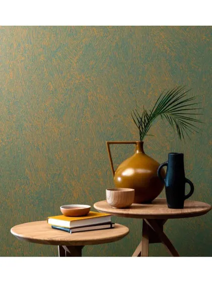 This 'High Performance Patina' wallpaper offers a beautifully textured, weathered look with the durability for high-traffic areas. The blend of green and gold gives it a rich, antique feel.