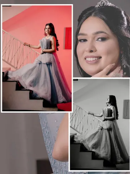 A series of portraits of a couple in blue-themed outfits, capturing their engagement on a staircase and in posed shots.