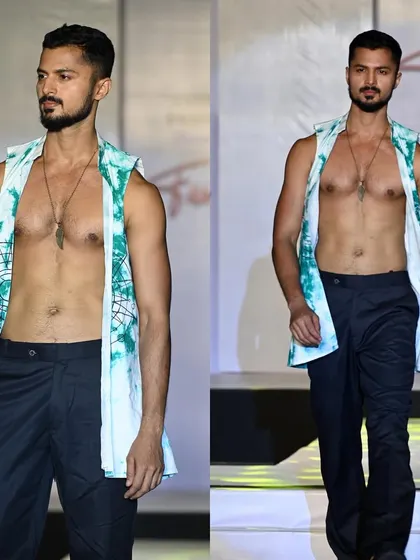 A composite shot from the "Crystal Of Life" show, walking the runway in a tie-dye sleeveless jacket that showcases my physique.