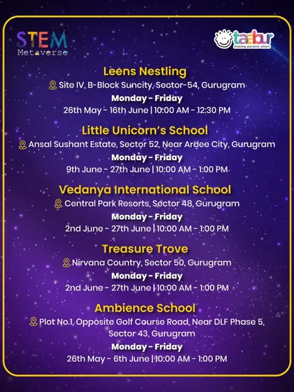 Here are the multiple locations for the STEM Metaverse summer camps, including schools in Gurugram. I make sure to find convenient options for you across the city.