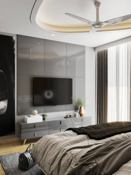 A bedroom designed for a music lover, featuring a large-scale portrait of a rockstar. These renders show how we can incorporate personal interests and bold graphic elements into a sleek, modern interior.