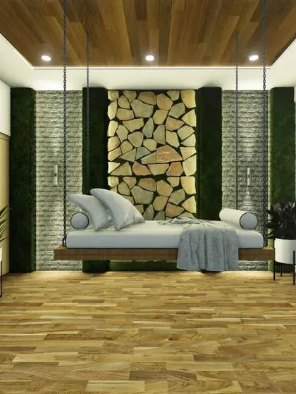 A wider view of the balcony room, showing how the swing bed becomes the centerpiece of the space.