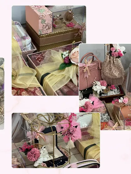 A collage of my top bridal trousseau designs. I focus on blending luxury, tradition, and style with elements like floral arrangements, elegant bags, and ornate trays.