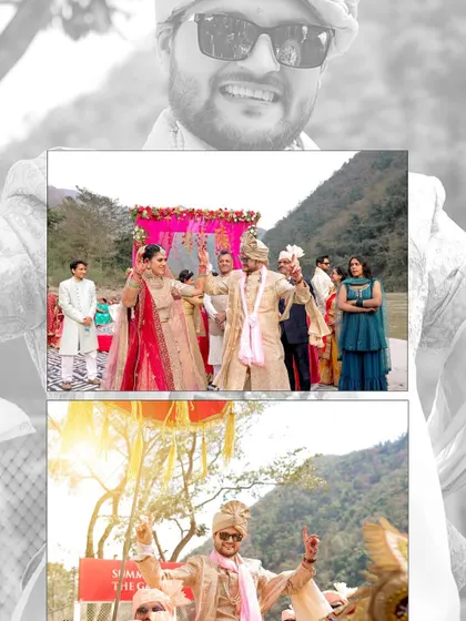 A collage capturing the fun and energy of the baraat and the couple's joyful dance. These photos highlight the celebratory spirit of an Indian wedding.