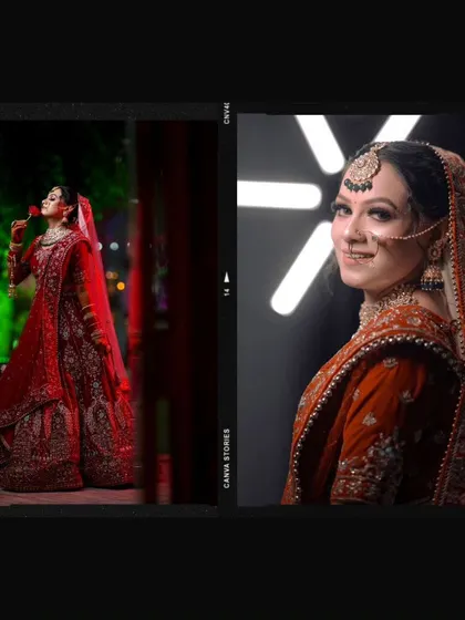 A collage showcasing two distinct bridal looks. One is a full-length shot in a vibrant red lehenga, and the other is a smiling portrait, showing the range of emotions on a wedding day.
