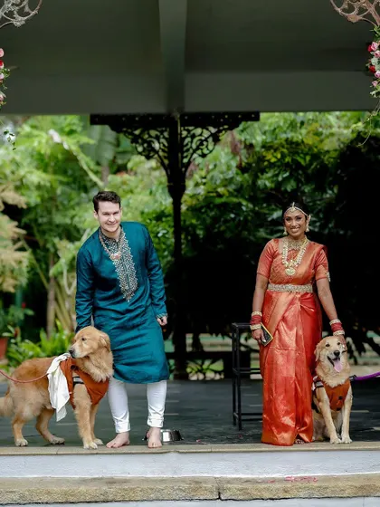 A fun family portrait, this couple included their two golden retrievers in their wedding photos, making for a truly personal and joyful memory.