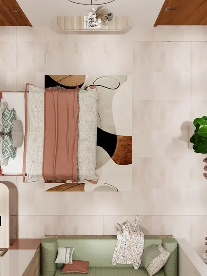 The top-down view of the bedroom layout, showing the placement of the bed, sofa, and abstract rug.