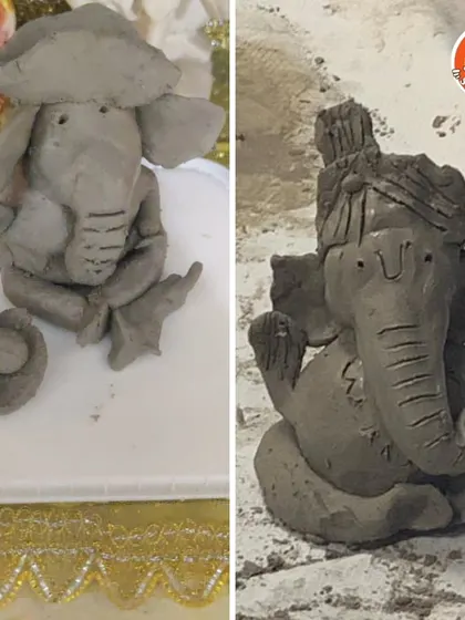 A side-by-side look at two different Ganesha idols made in our workshop, showcasing the unique creativity of each artist.