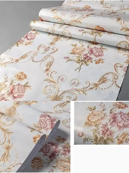 A collage showing a classic floral wallpaper roll from different angles to highlight its texture.