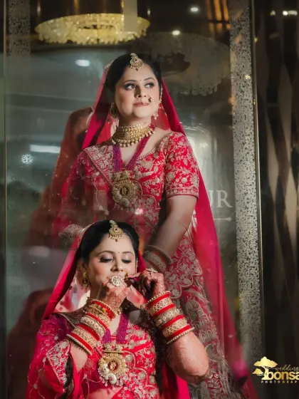 A creative reflection shot of the bride, showing two perspectives in one frame.