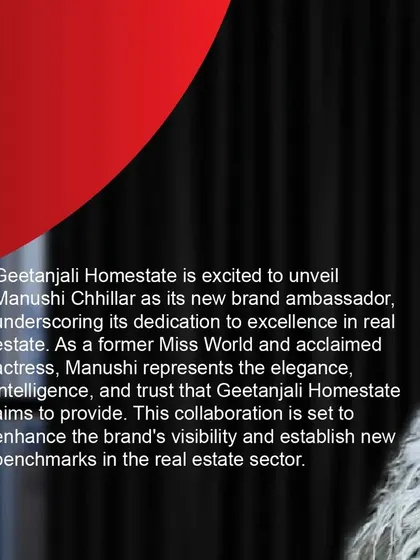 An official announcement graphic detailing our partnership with Manushi Chhillar. This collaboration is set to enhance our brand's visibility and establish new benchmarks in the real estate sector.