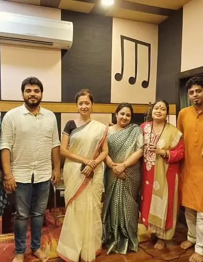 The full team of artists after recording for an upcoming movie's music. Contributing to a film's soundtrack involves a large team, and I am grateful to be a part of these projects.