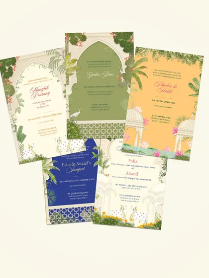 A full set of the Vadodara wedding invitations. Each card uses a different color palette, from olive green to royal blue, to signify the visual theme of each ceremony, all tied together with traditional Indian artwork.