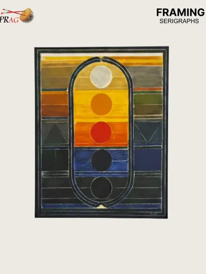 A colorful S.H. Raza serigraph, framed to enhance its vibrant palette while ensuring its preservation.