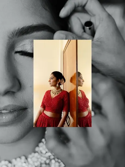 An artistic collage showing the bride getting her makeup done, with a reflection of her final look. It captures the process and the beautiful result.
